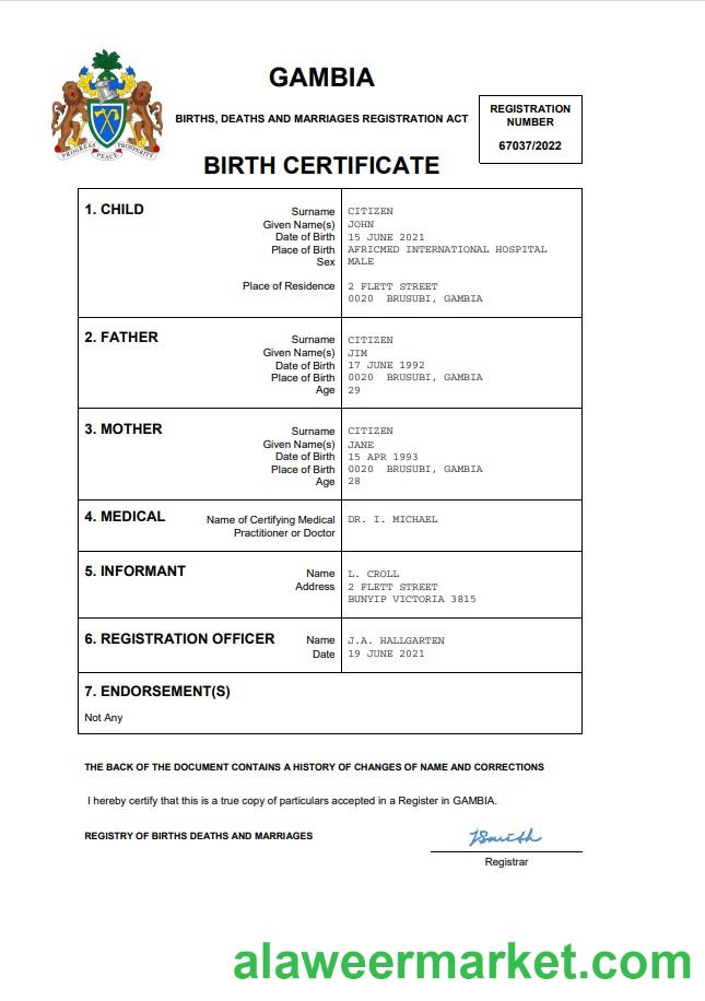 Gambia birth certificate Word and PDF template